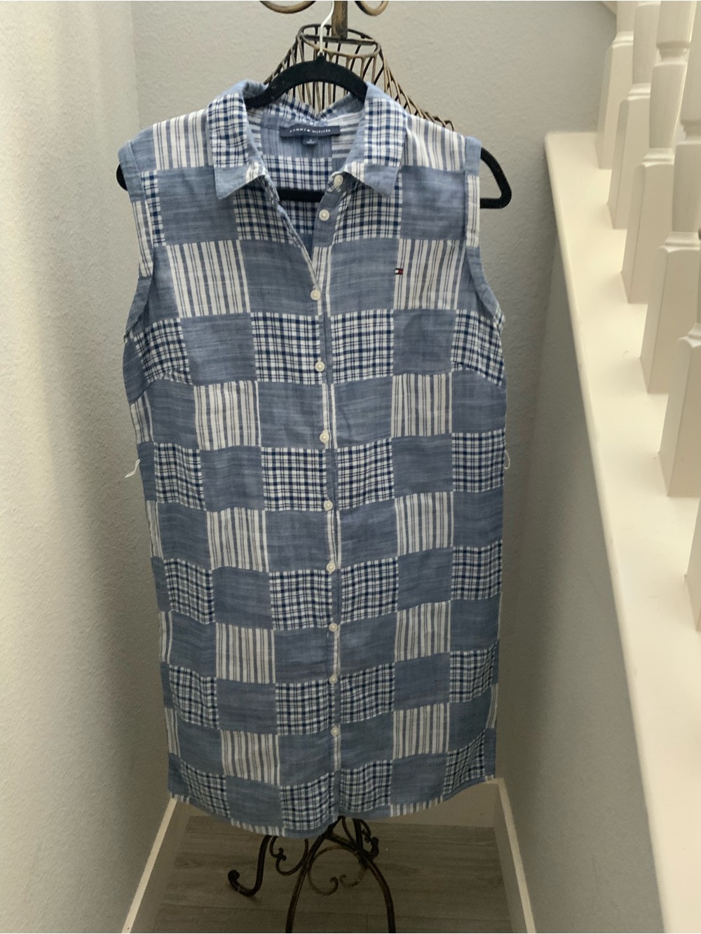 Tommy Hilfiger Blue Patchwork Sleeveless Button-Down Shirt SZ 10